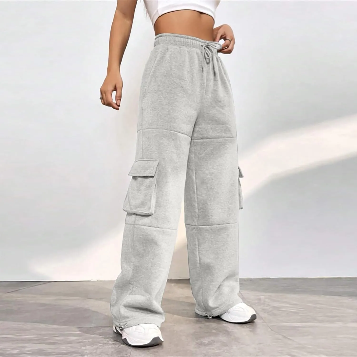 Cargo Sweatpants for Women Fleece Lined Joggers with Pockets Casual Drawstring High Waisted Pants Loose Baggy Sweatpants