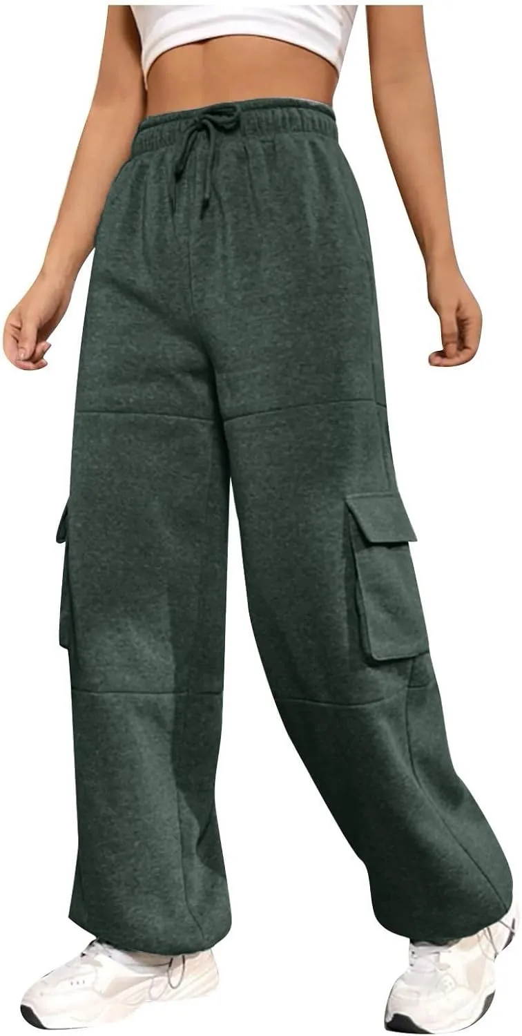 Cargo Sweatpants for Women Fleece Lined Joggers with Pockets Casual Drawstring High Waisted Pants Loose Baggy Sweatpants