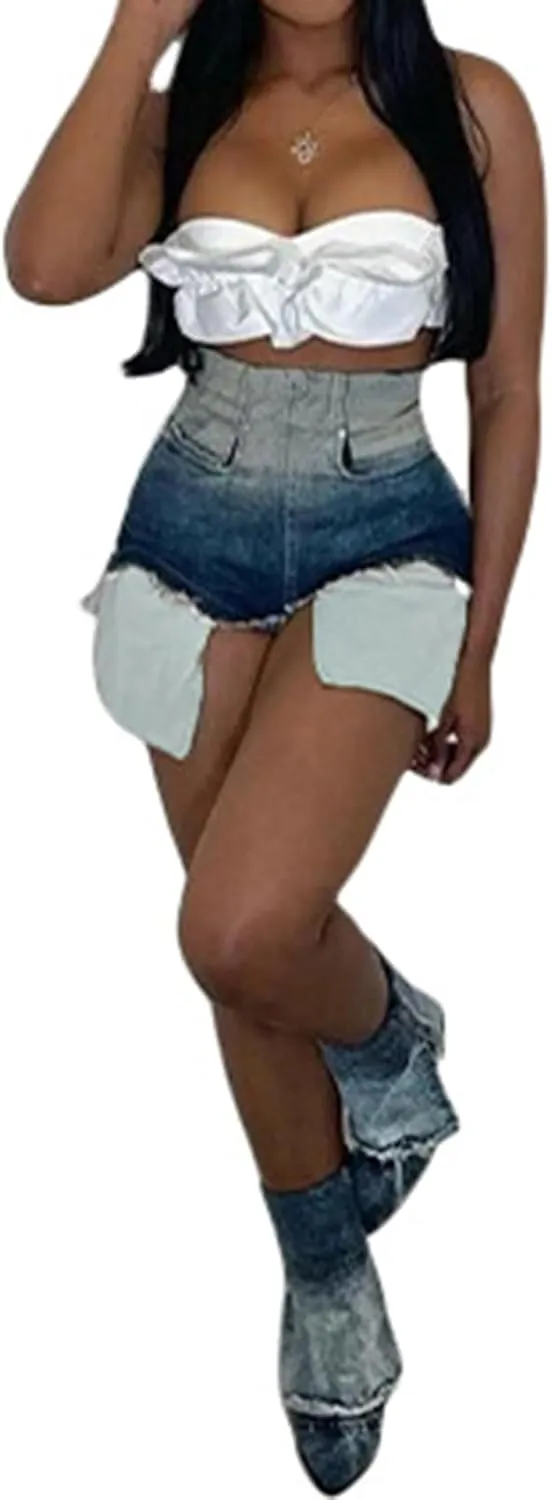 cffvdiz Women's High Waisted Denim Shorts Summer Casual Gradient Color Jean Shorts