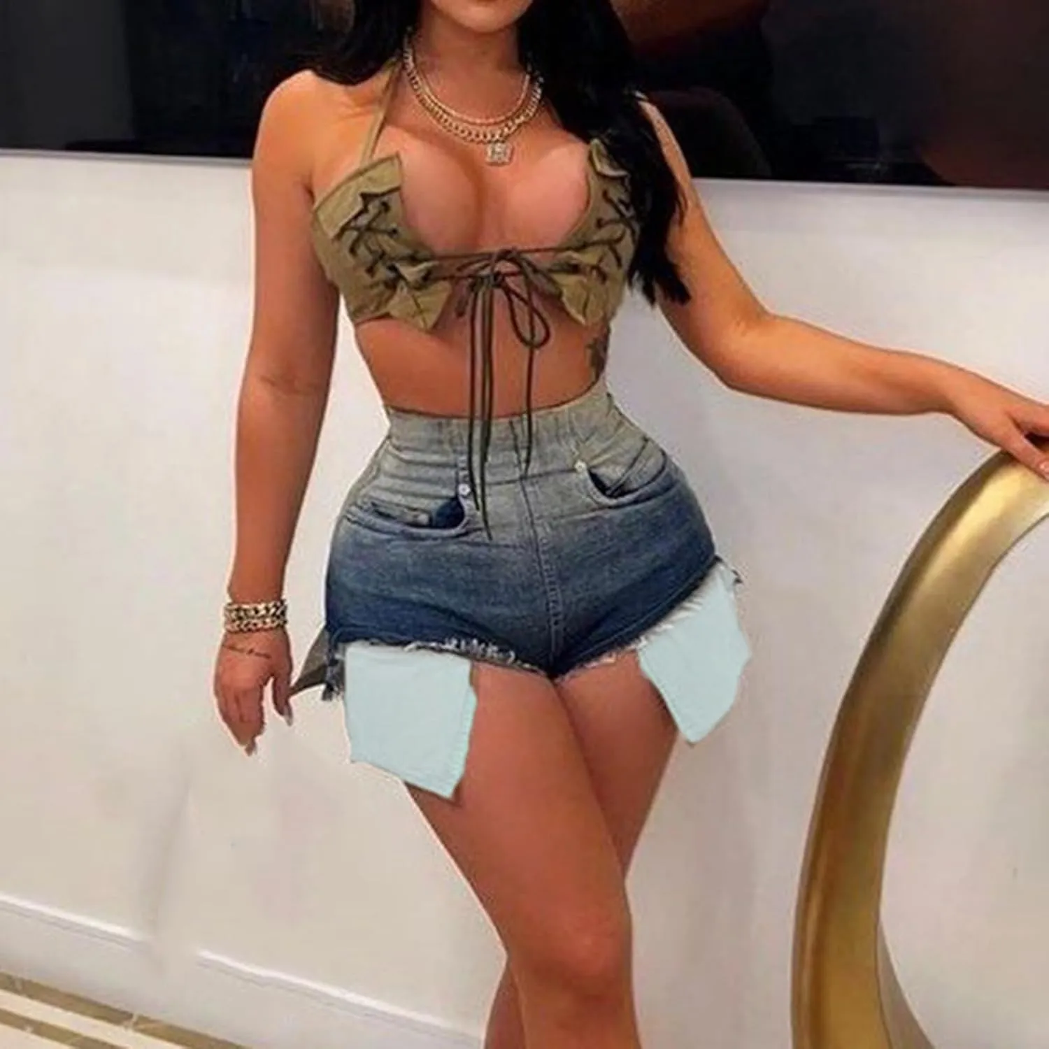 cffvdiz Women's High Waisted Denim Shorts Summer Casual Gradient Color Jean Shorts