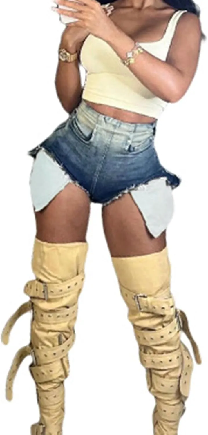 cffvdiz Women's High Waisted Denim Shorts Summer Casual Gradient Color Jean Shorts