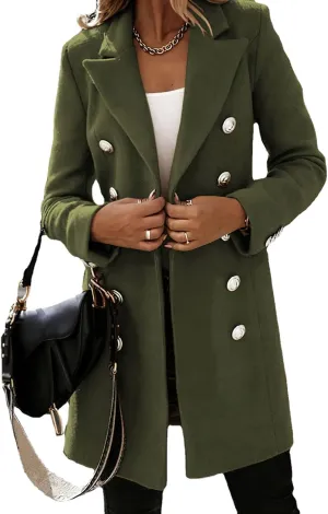 CHARTOU Women's Tailored Collar Wool Blend Double Breasted Blazer Midi Long Pea Coat Jacket