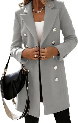 CHARTOU Women's Tailored Collar Wool Blend Double Breasted Blazer Midi Long Pea Coat Jacket