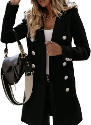 CHARTOU Women's Tailored Collar Wool Blend Double Breasted Blazer Midi Long Pea Coat Jacket