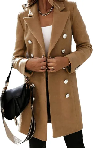 CHARTOU Women's Tailored Collar Wool Blend Double Breasted Blazer Midi Long Pea Coat Jacket