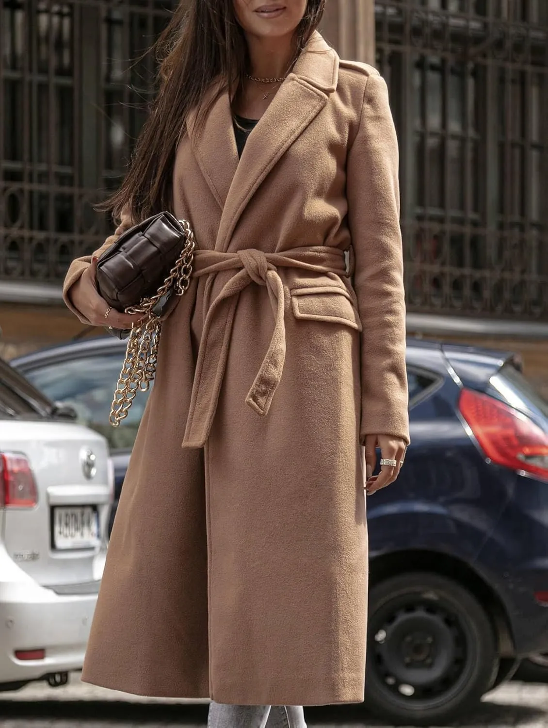 CHARTOU Women's Wool Blend Wrap Coat Classic Tailored Collar Woolen Overcoat with Belt
