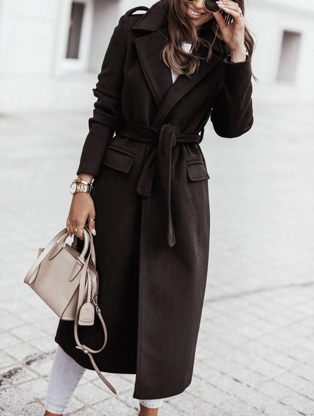CHARTOU Women's Wool Blend Wrap Coat Classic Tailored Collar Woolen Overcoat with Belt