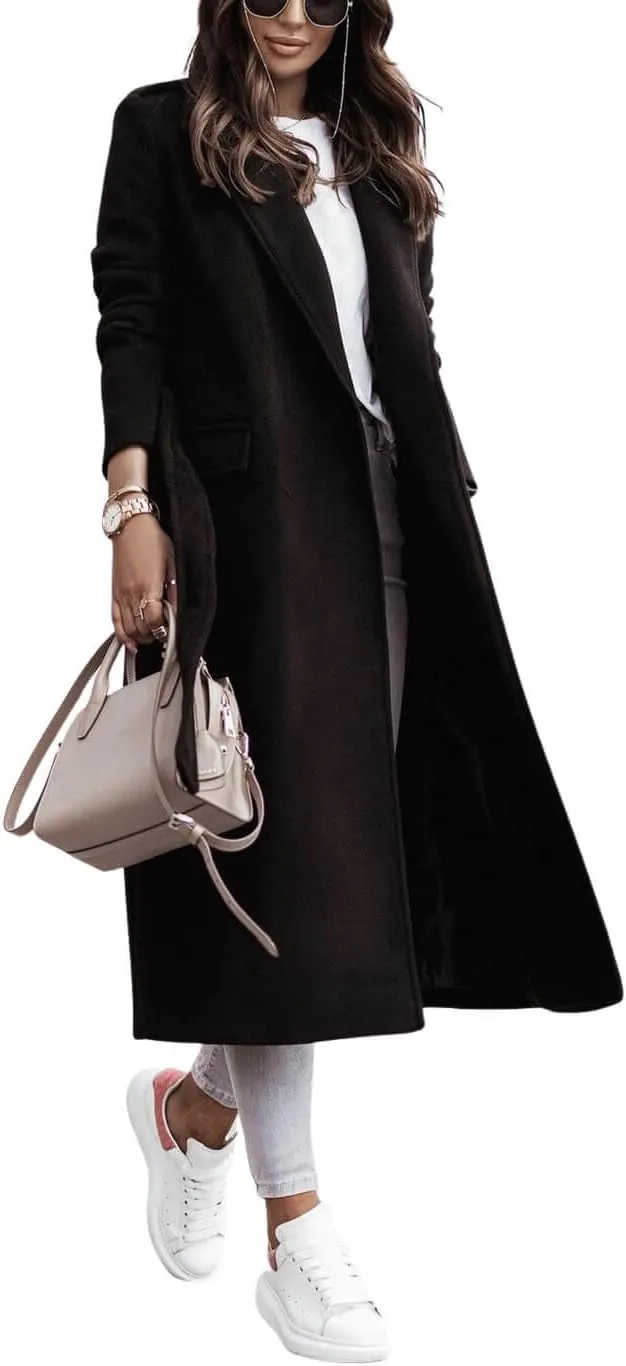 CHARTOU Women's Wool Blend Wrap Coat Classic Tailored Collar Woolen Overcoat with Belt