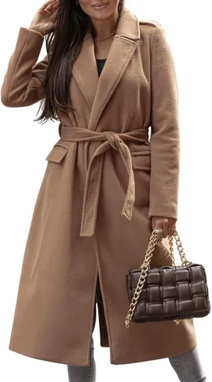 CHARTOU Women's Wool Blend Wrap Coat Classic Tailored Collar Woolen Overcoat with Belt