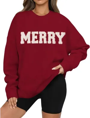 Christmas Sweatshirts for Women Oversized Merry Letter Graphic Sweatshirt Chenille Patch Pullover Funny Xmas Tops