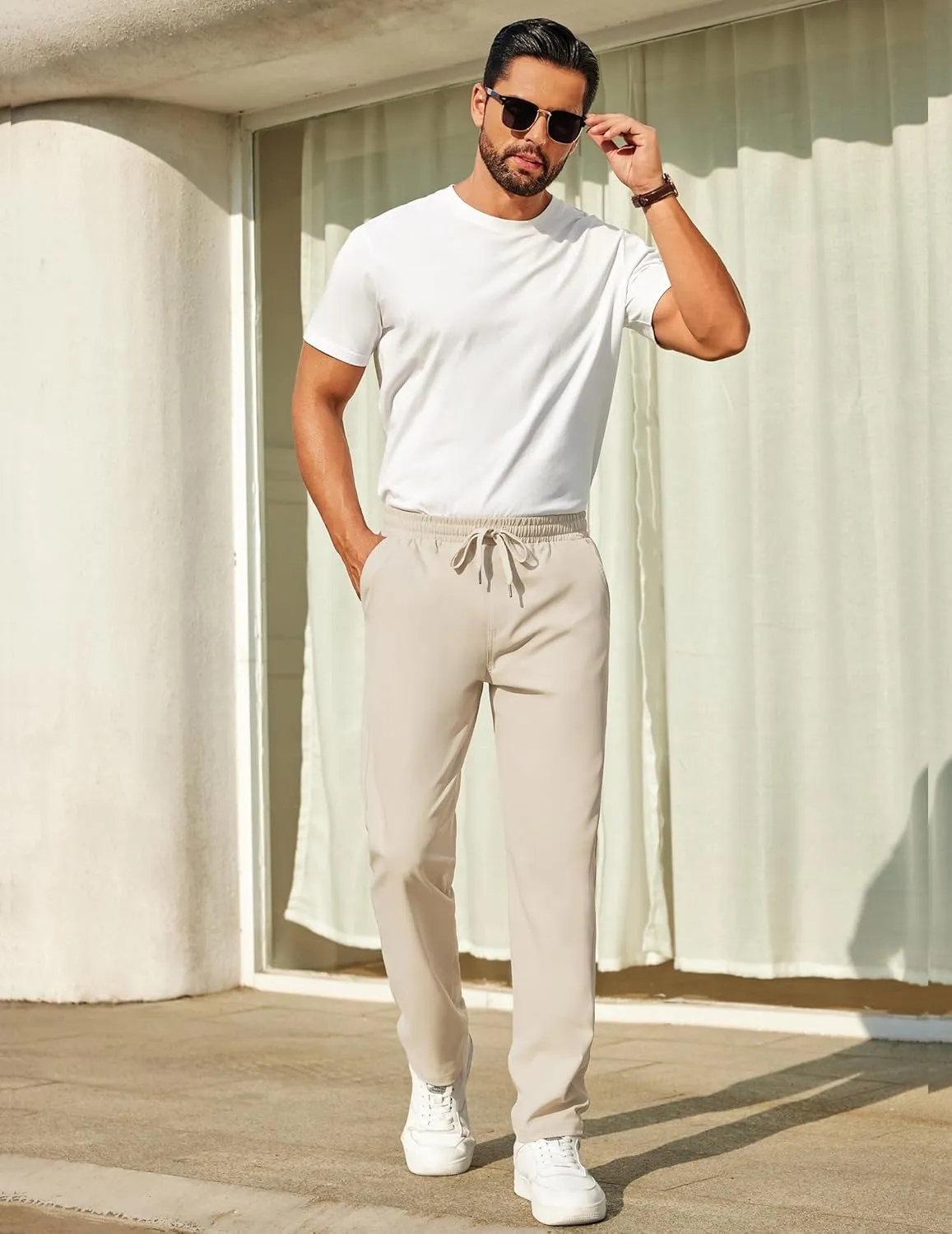 COOFANDY Mens Casual Pants Elastic Waist Chino Pants Lightweight Drawstring Pants with Pockets