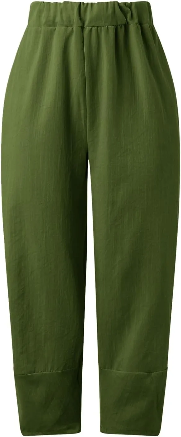 Cotton Linen Pants for Women Summer 2025 Casual Capri Pants with Pockets Cropped High Waisted Loose Fit Trousers