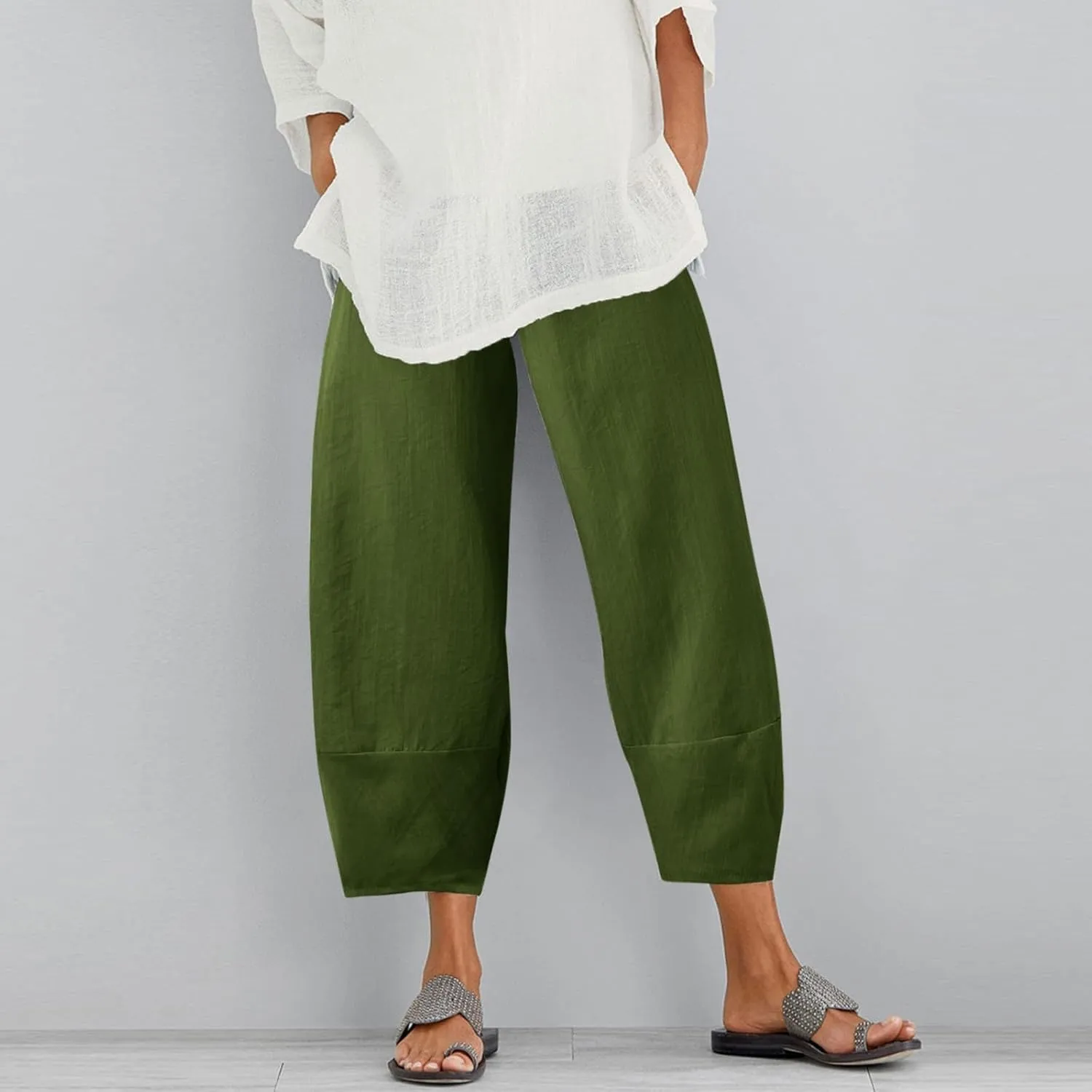 Cotton Linen Pants for Women Summer 2025 Casual Capri Pants with Pockets Cropped High Waisted Loose Fit Trousers