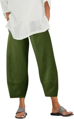 Cotton Linen Pants for Women Summer 2025 Casual Capri Pants with Pockets Cropped High Waisted Loose Fit Trousers