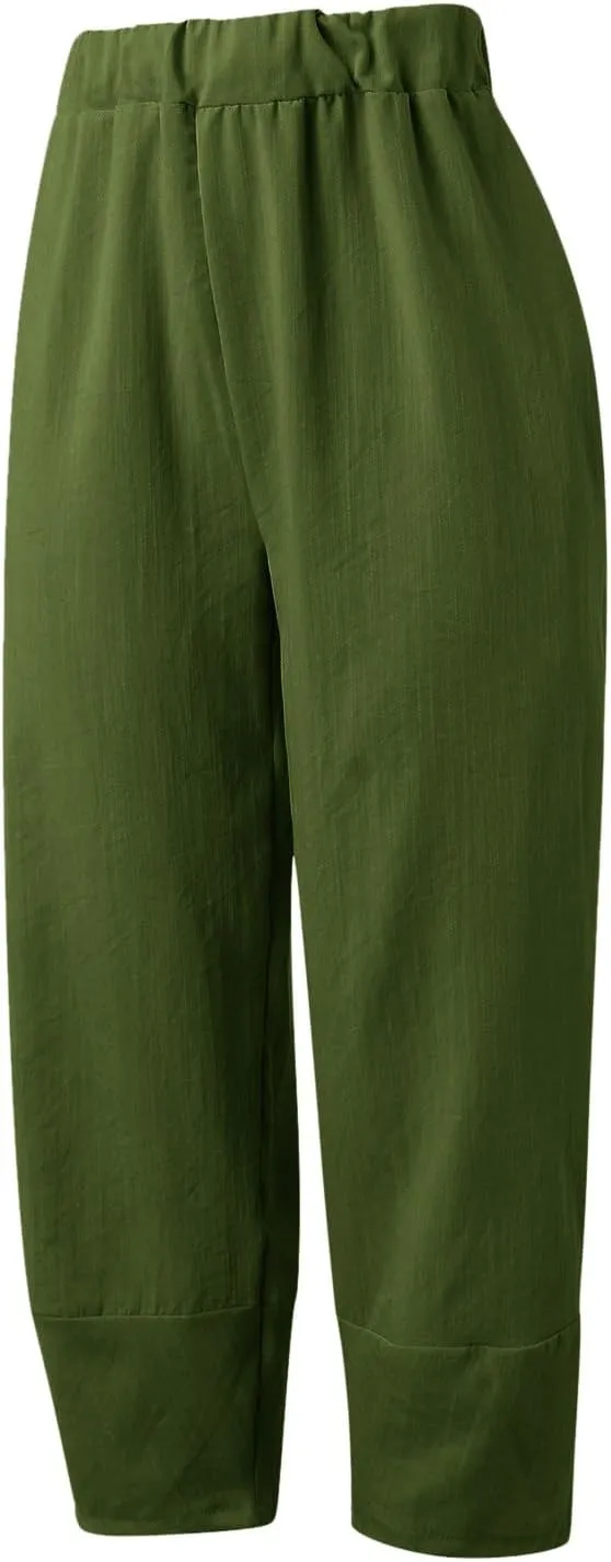 Cotton Linen Pants for Women Summer 2025 Casual Capri Pants with Pockets Cropped High Waisted Loose Fit Trousers