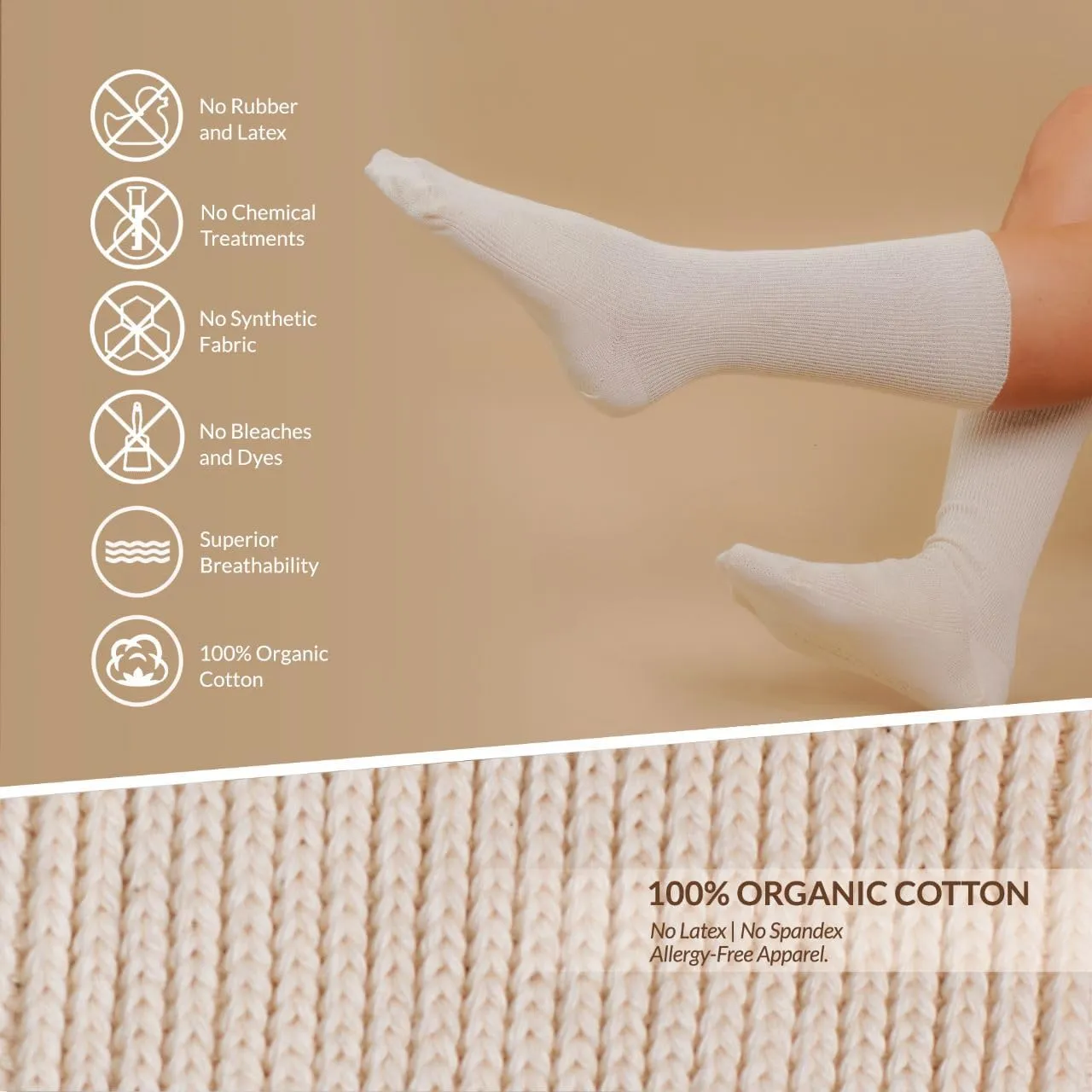 Cottonique Latex-Free Organic Cotton Crew Socks for Allergic Contact Dermatitis (2pairs/pack)
