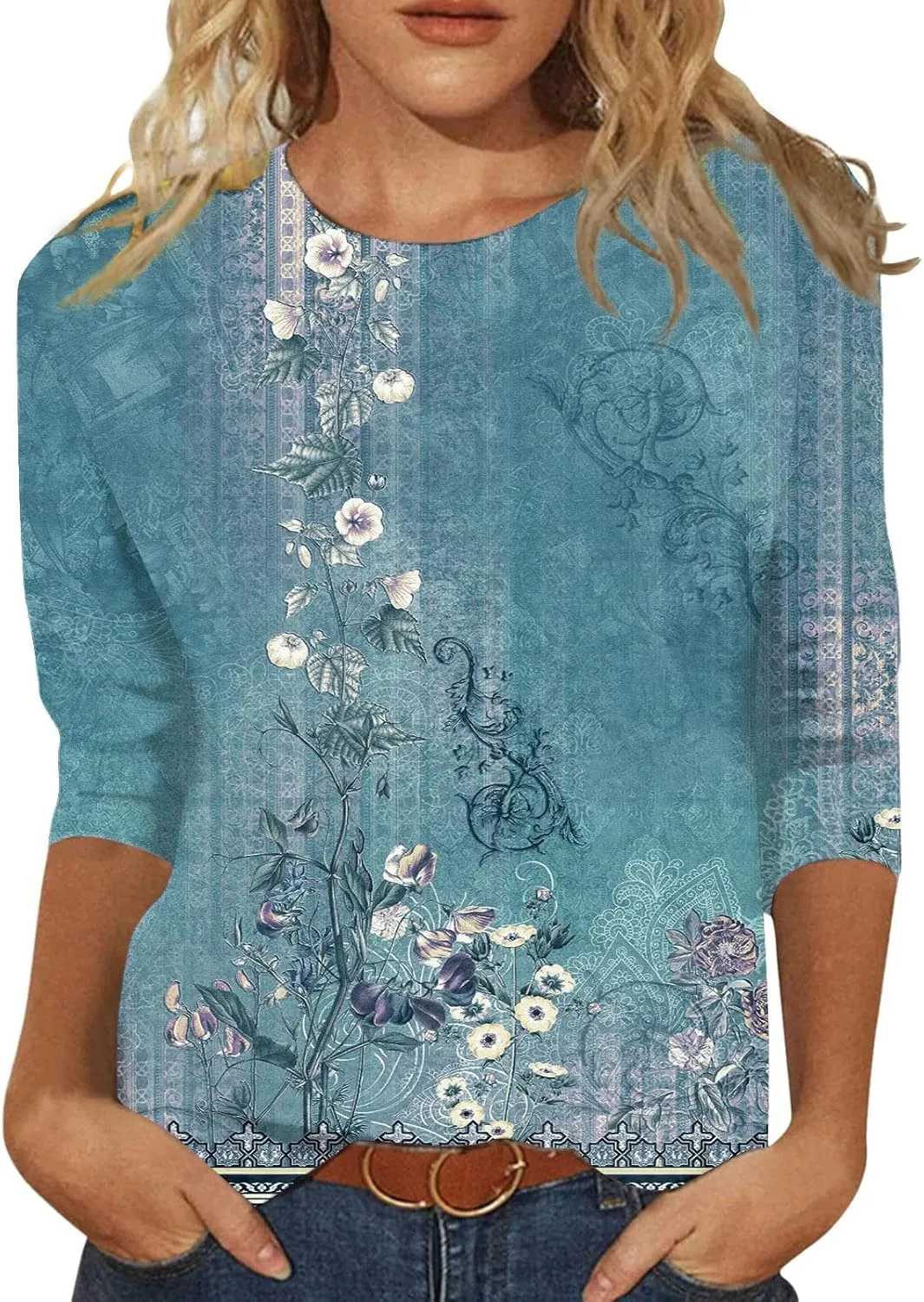 Custom t Shirts Women's Fashion Casual Seventh Sleeve Printed O-Neck Pullover T-Shirt Top