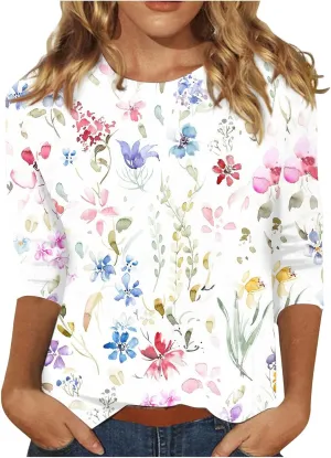 Custom t Shirts Women's Fashion Casual Seventh Sleeve Printed O-Neck Pullover T-Shirt Top