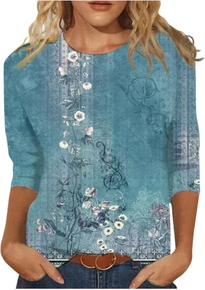 Custom t Shirts Women's Fashion Casual Seventh Sleeve Printed O-Neck Pullover T-Shirt Top