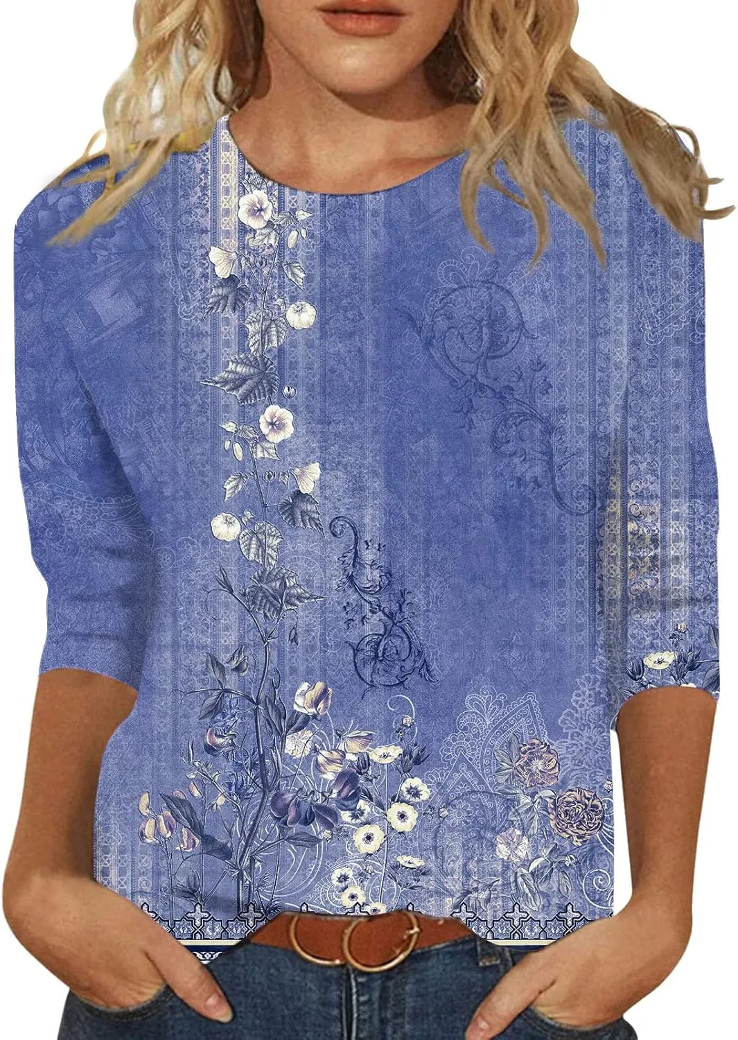 Custom t Shirts Women's Fashion Casual Seventh Sleeve Printed O-Neck Pullover T-Shirt Top