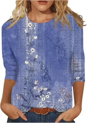 Custom t Shirts Women's Fashion Casual Seventh Sleeve Printed O-Neck Pullover T-Shirt Top