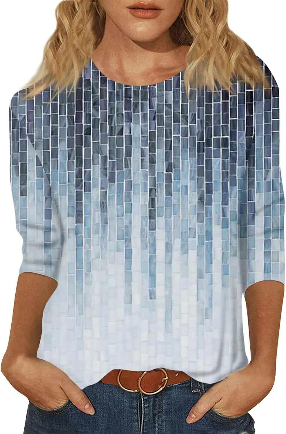 Custom t Shirts Women's Fashion Casual Seventh Sleeve Printed O-Neck Pullover T-Shirt Top