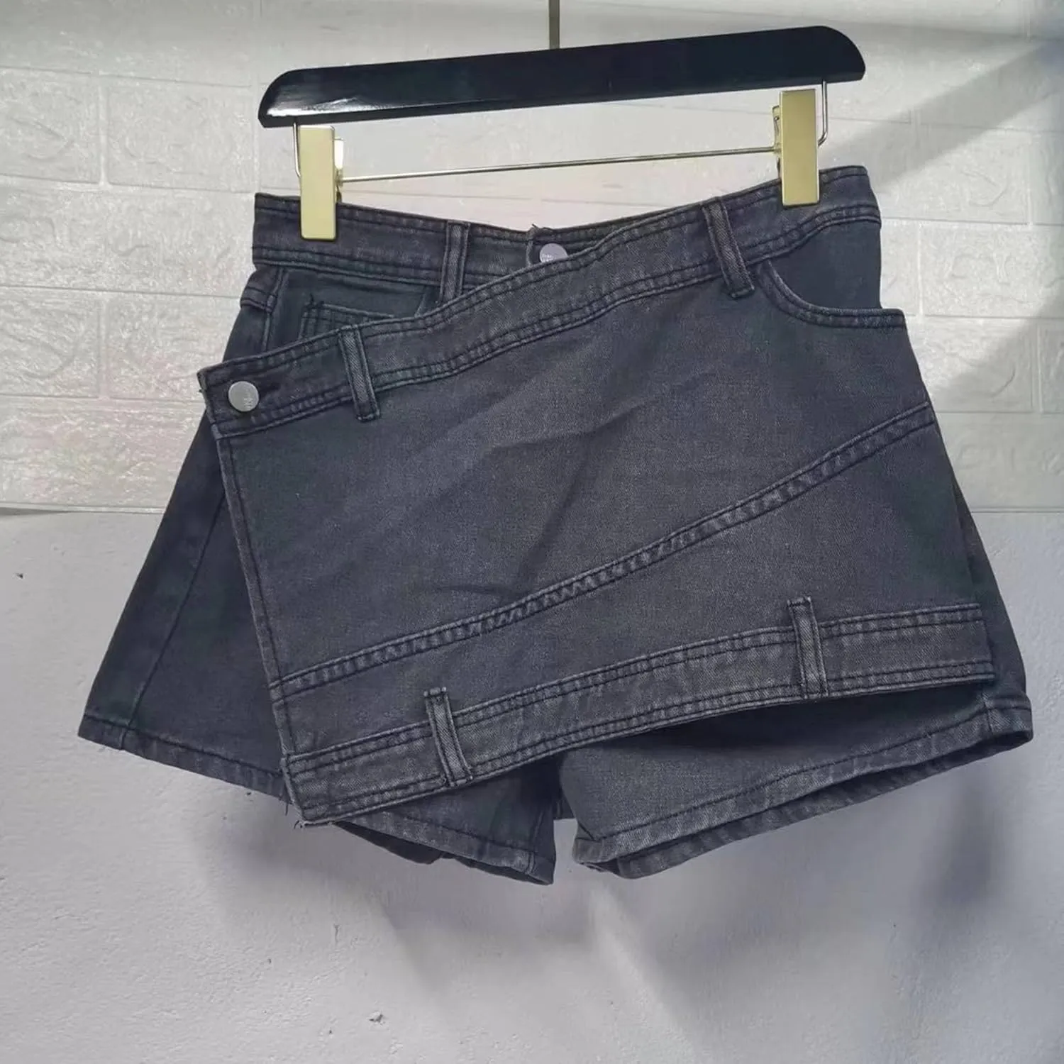 Denim Shorts Women Casual A-line High Waist Solid Button Up Asymmetrical Denim Jean Skort Mini Shorts