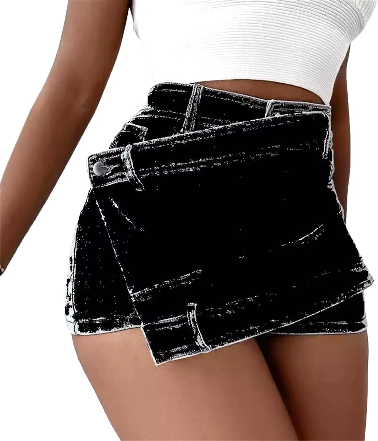 Denim Shorts Women Casual A-line High Waist Solid Button Up Asymmetrical Denim Jean Skort Mini Shorts