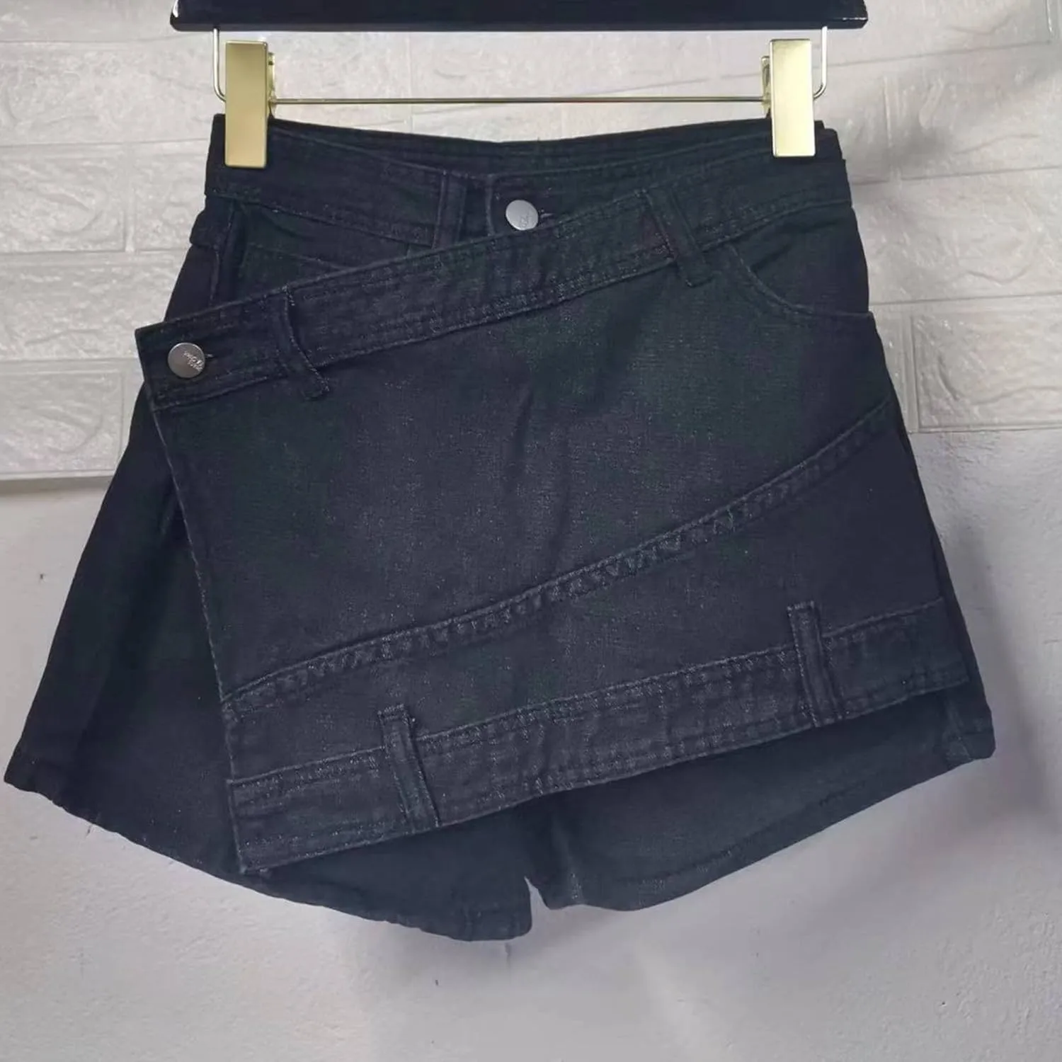 Denim Shorts Women Casual A-line High Waist Solid Button Up Asymmetrical Denim Jean Skort Mini Shorts