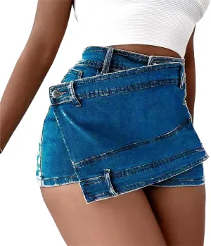 Denim Shorts Women Casual A-line High Waist Solid Button Up Asymmetrical Denim Jean Skort Mini Shorts