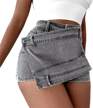 Denim Shorts Women Casual A-line High Waist Solid Button Up Asymmetrical Denim Jean Skort Mini Shorts