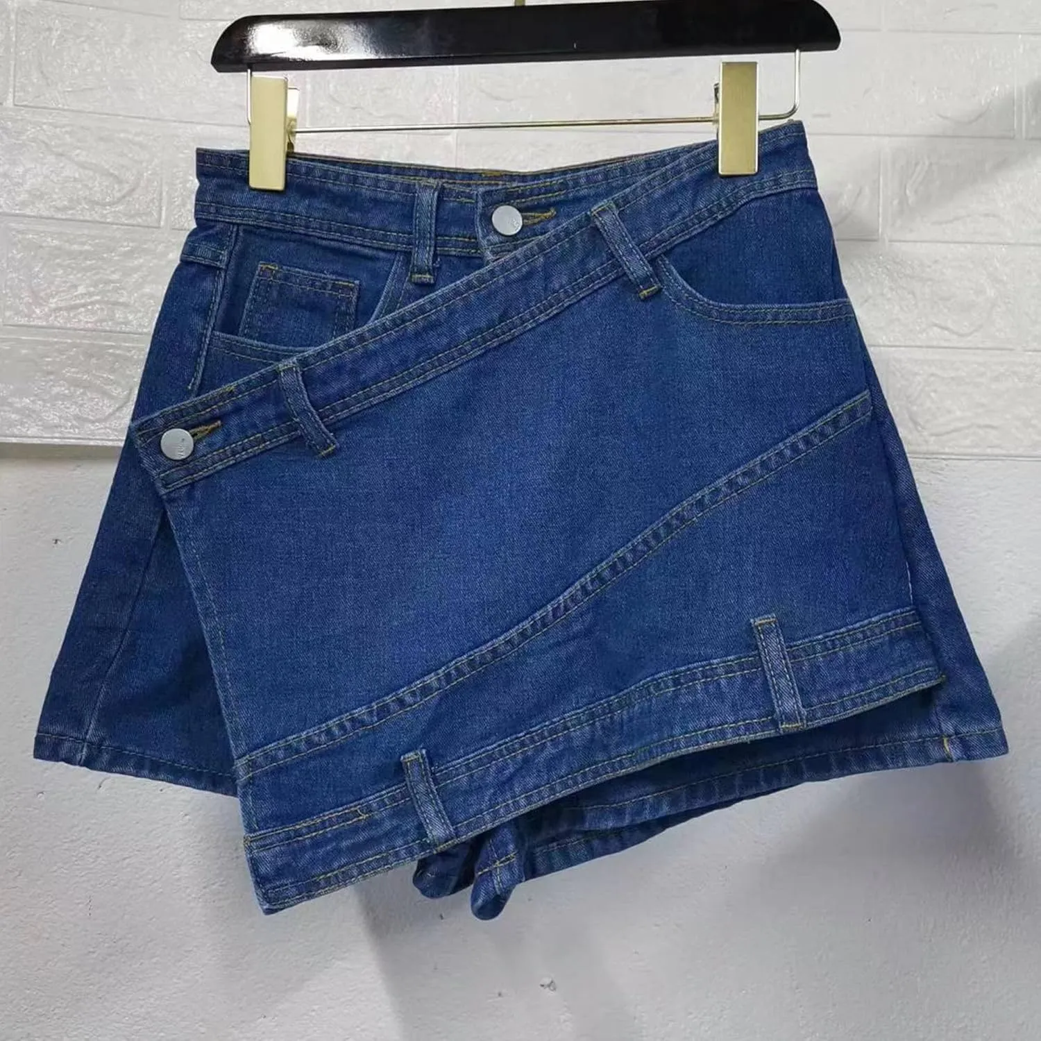 Denim Shorts Women Casual A-line High Waist Solid Button Up Asymmetrical Denim Jean Skort Mini Shorts