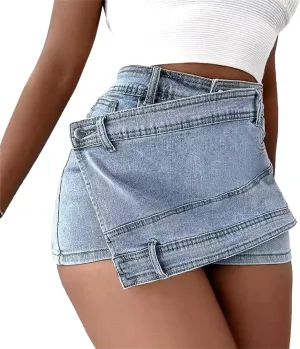 Denim Shorts Women Casual A-line High Waist Solid Button Up Asymmetrical Denim Jean Skort Mini Shorts