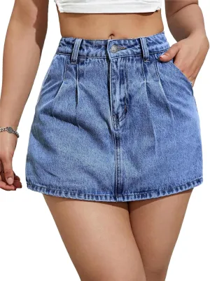 Denim Shorts Women Casual High Waisted Solid Button Up Asymmetrical Denim Jean Skort Skirt Mini Shorts.