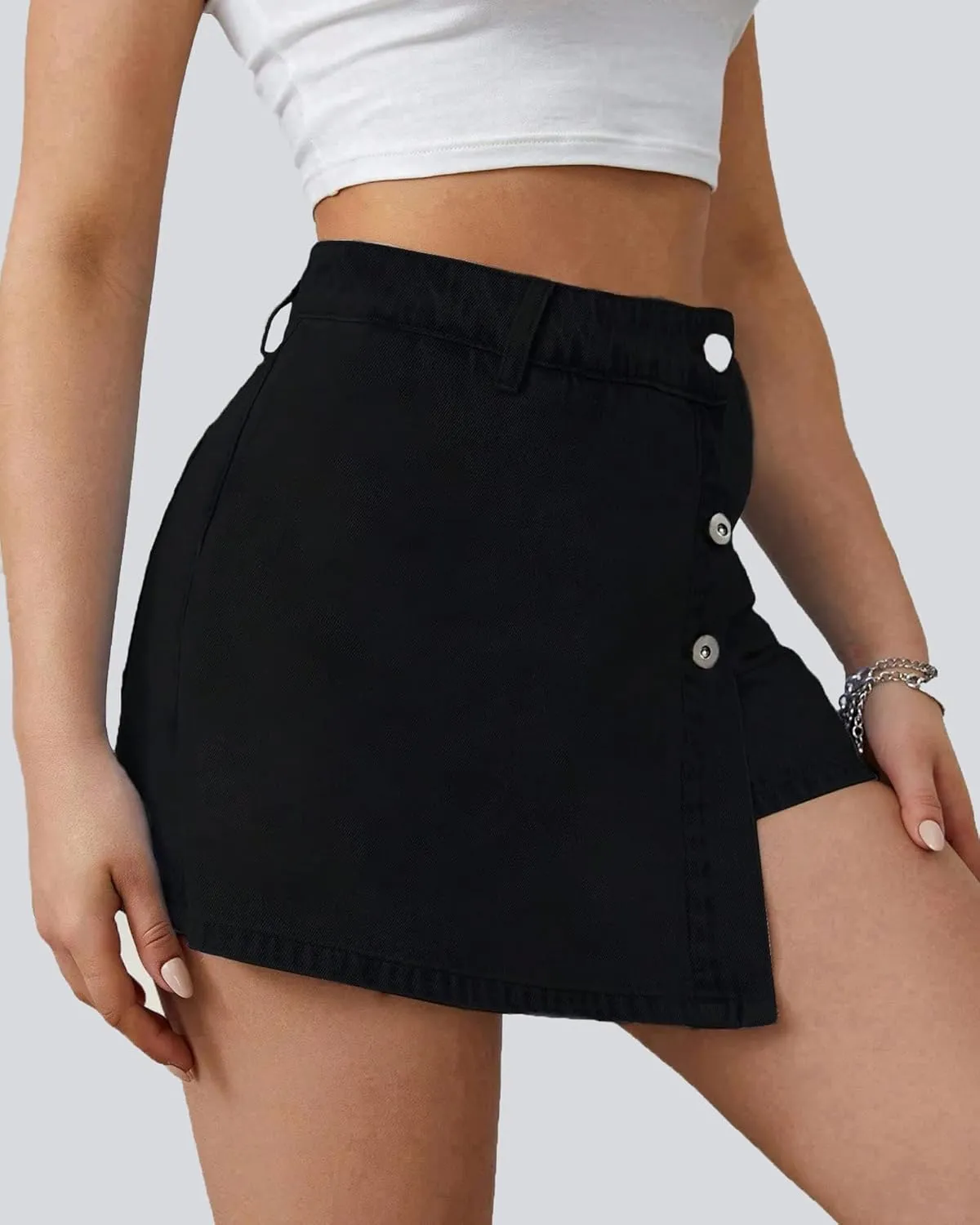 Denim Shorts Women Casual High Waisted Solid Button Up Asymmetrical Denim Jean Skort Skirt Mini Shorts.