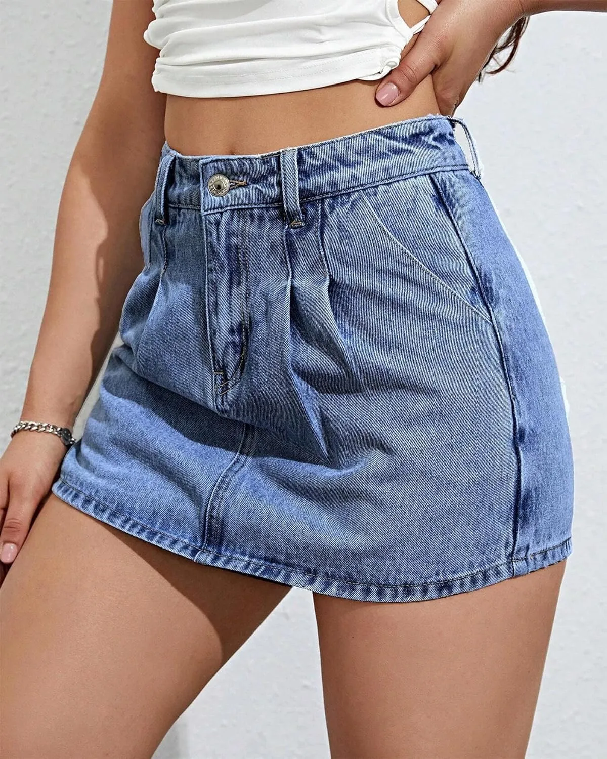 Denim Shorts Women Casual High Waisted Solid Button Up Asymmetrical Denim Jean Skort Skirt Mini Shorts.