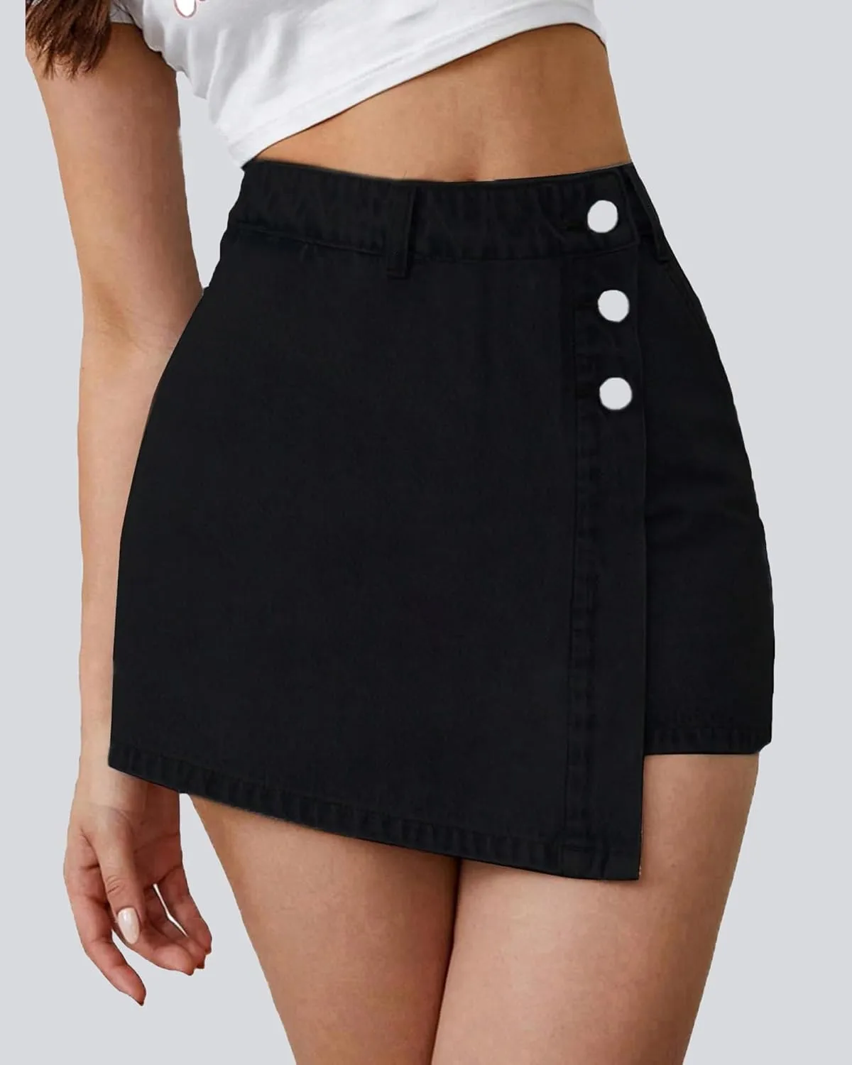 Denim Shorts Women Casual High Waisted Solid Button Up Asymmetrical Denim Jean Skort Skirt Mini Shorts.