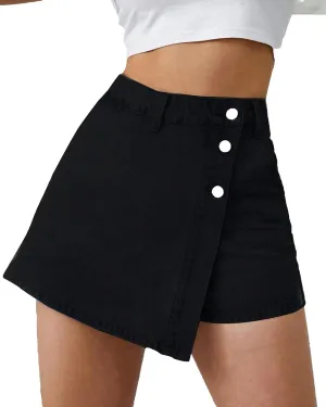 Denim Shorts Women Casual High Waisted Solid Button Up Asymmetrical Denim Jean Skort Skirt Mini Shorts.