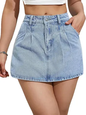 Denim Shorts Women Casual High Waisted Solid Button Up Asymmetrical Denim Jean Skort Skirt Mini Shorts.