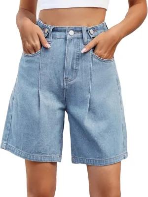 Denim Shorts Women High Waisted - Bermuda Mid-Rise Butt Lift Summer Long Denim 5 Inch Inseam with Multi Pockets