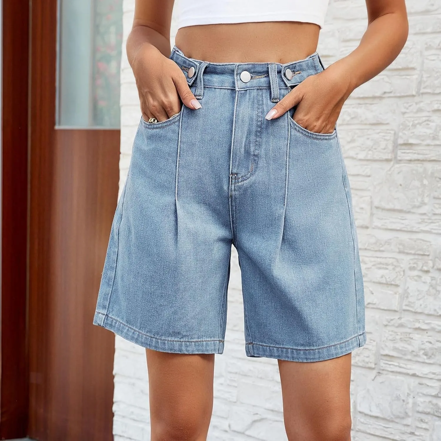 Denim Shorts Women High Waisted - Bermuda Mid-Rise Butt Lift Summer Long Denim 5 Inch Inseam with Multi Pockets