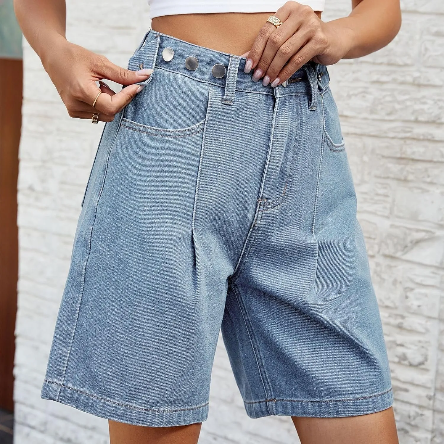 Denim Shorts Women High Waisted - Bermuda Mid-Rise Butt Lift Summer Long Denim 5 Inch Inseam with Multi Pockets