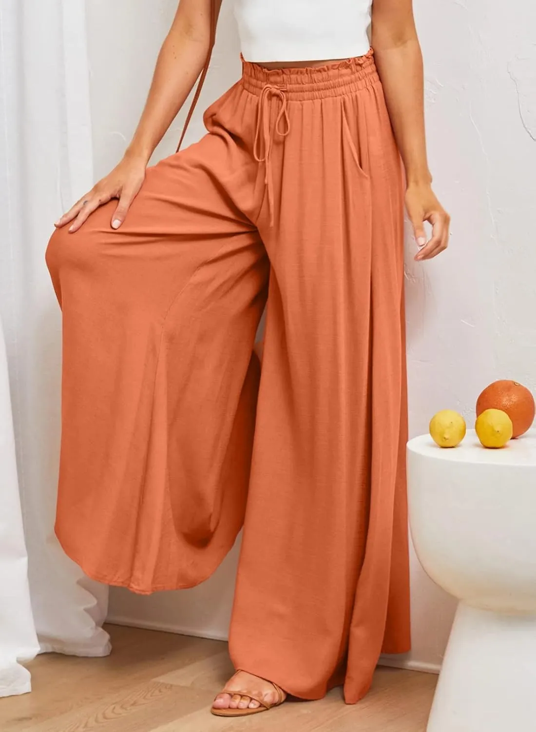 Dokotoo Pants for Women Casual Elastic Waist Wide Leg Pants with Pockets