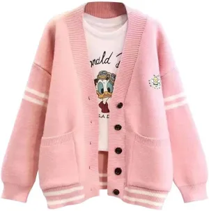 ebossy Women's Cute Embroidery Bee Long Sleeve Striped Cardigan Button Down Slocuhy Loose Knit Sweater Coat