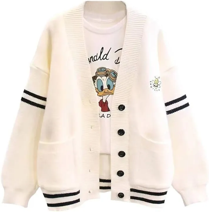 ebossy Women's Cute Embroidery Bee Long Sleeve Striped Cardigan Button Down Slocuhy Loose Knit Sweater Coat