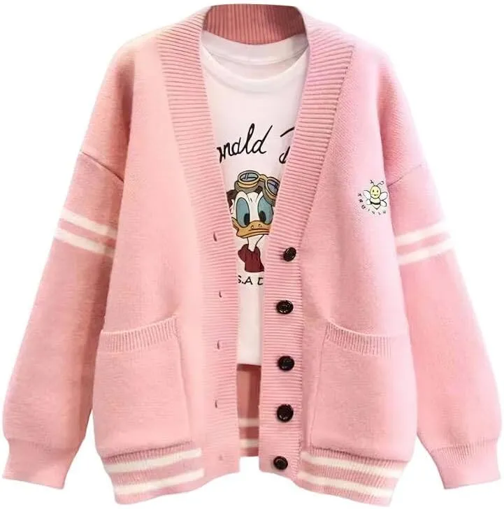 ebossy Women's Cute Embroidery Bee Long Sleeve Striped Cardigan Button Down Slocuhy Loose Knit Sweater Coat