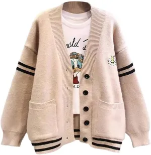 ebossy Women's Cute Embroidery Bee Long Sleeve Striped Cardigan Button Down Slocuhy Loose Knit Sweater Coat