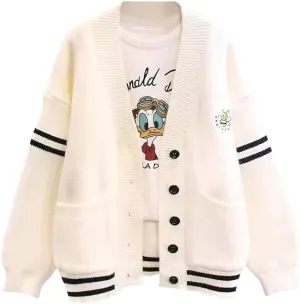 ebossy Women's Cute Embroidery Bee Long Sleeve Striped Cardigan Button Down Slocuhy Loose Knit Sweater Coat