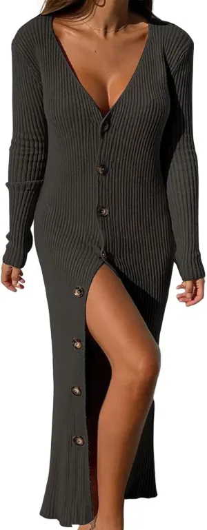 ebossy Women's Ribbed Slim Long Knit Cardigan Sweater Sexy V Neck Button Down Crochet Maxi Dress Trench Coat