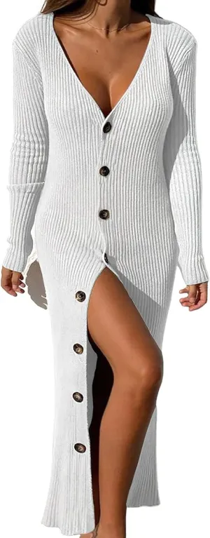 ebossy Women's Ribbed Slim Long Knit Cardigan Sweater Sexy V Neck Button Down Crochet Maxi Dress Trench Coat